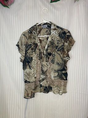 Robbie Bee Ruffled Short-Sleeve Blouse - Beige, Black, Brown Print